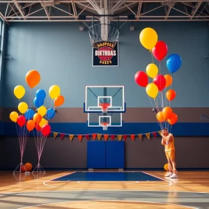 A colorful birthday celebration on a basketball court