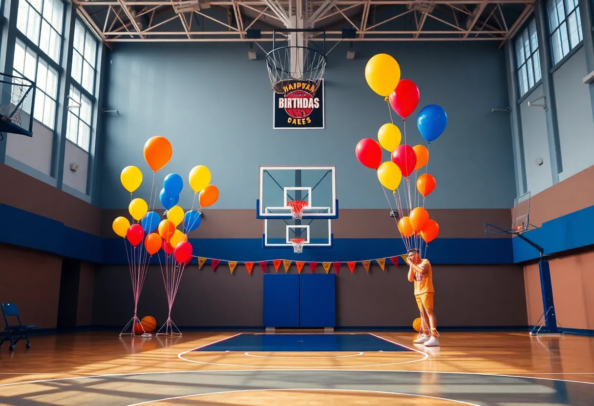 A colorful birthday celebration on a basketball court