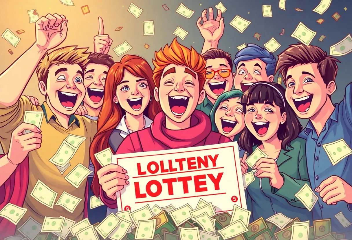Joyful crowd celebrating lottery winnings