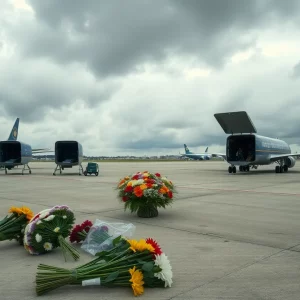 Memorial setup for skydiving victims at an airport