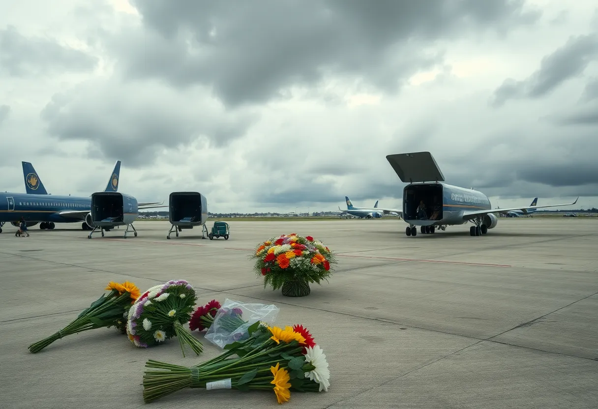 Memorial setup for skydiving victims at an airport