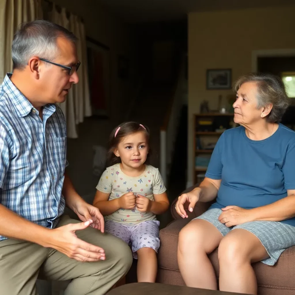 Family discussing housing conditions in a military setting.