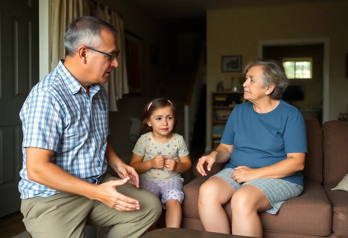 Family discussing housing conditions in a military setting.