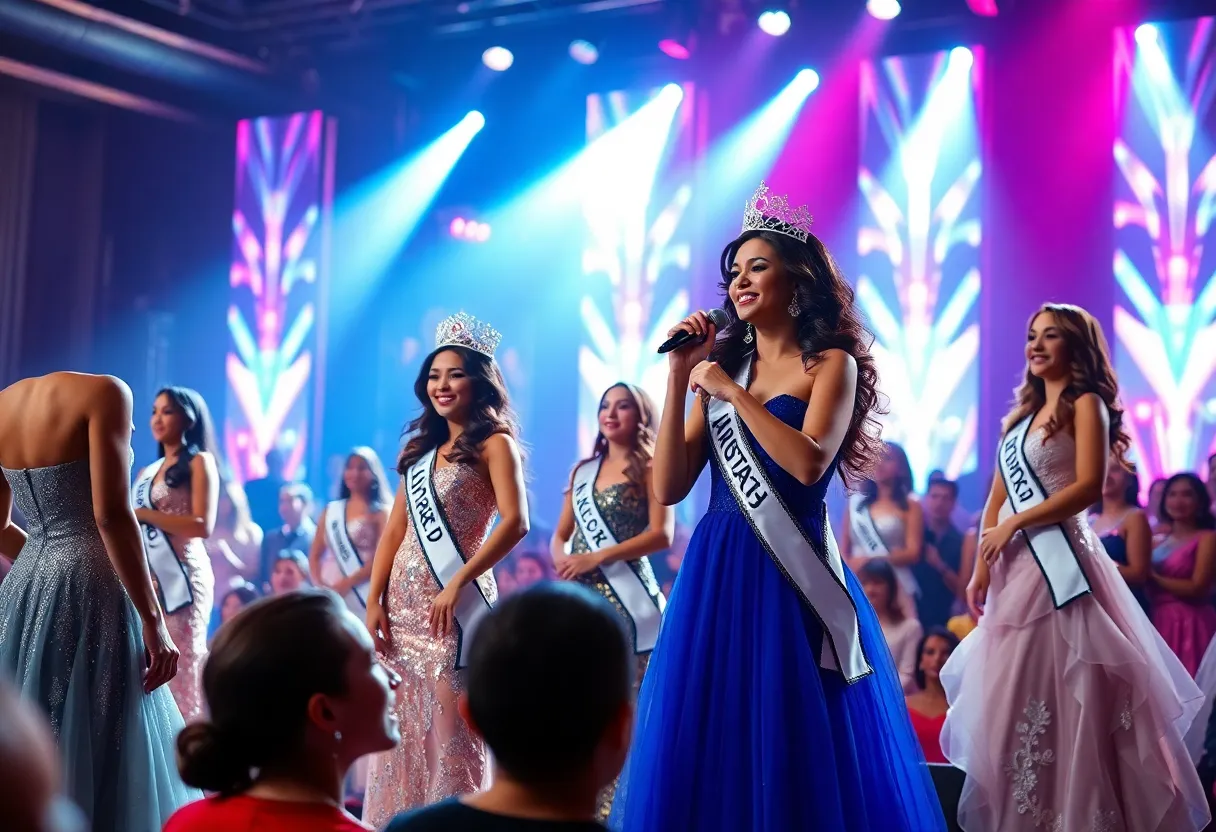 Contestants at Miss Georgia pageant showcasing talent and poise.