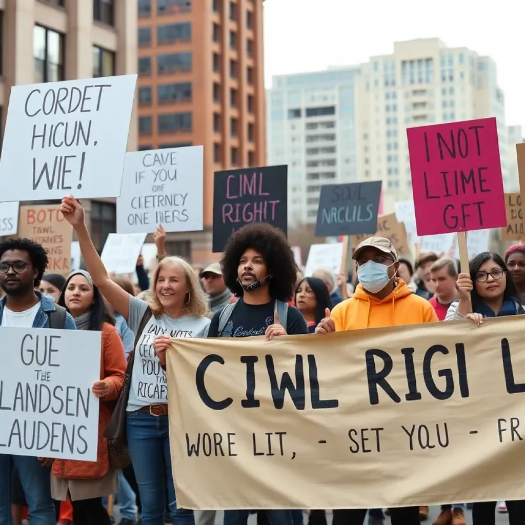 Protesters advocating for civil liberties in a urban setting