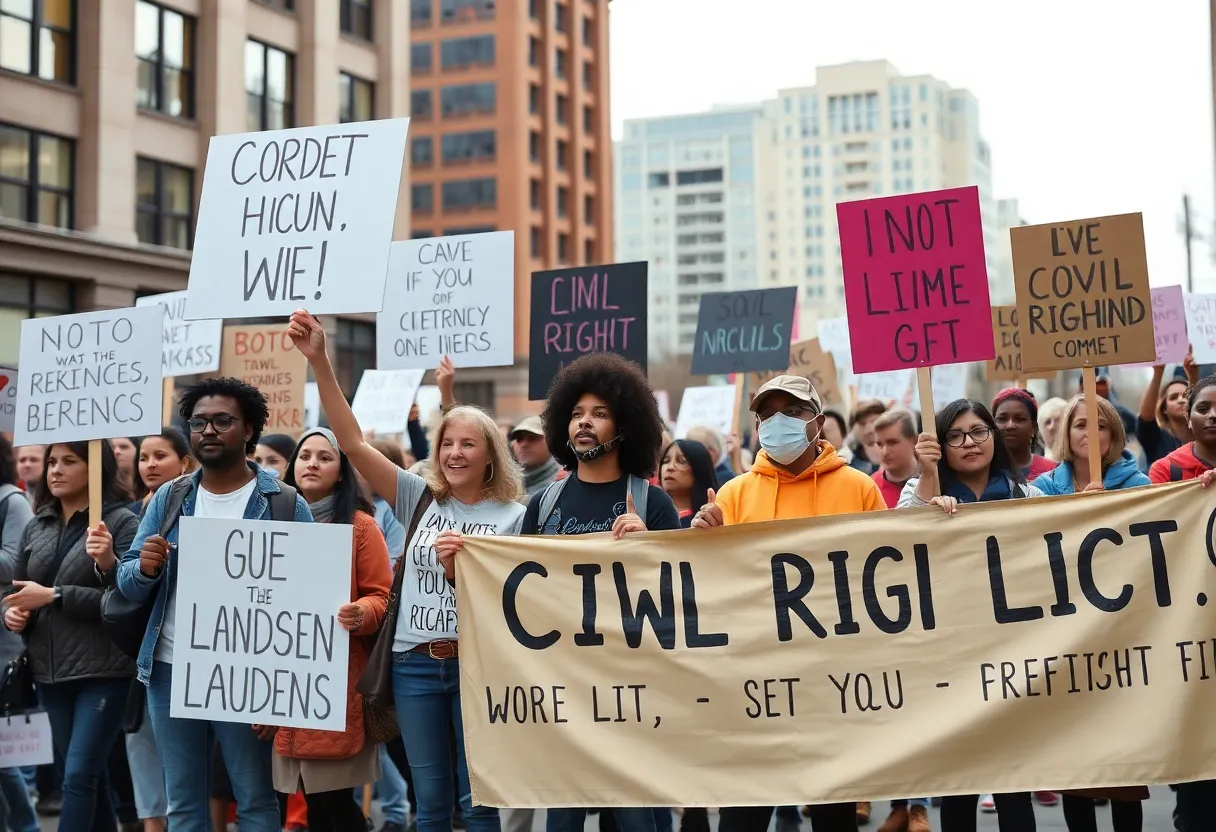 Protesters advocating for civil liberties in a urban setting