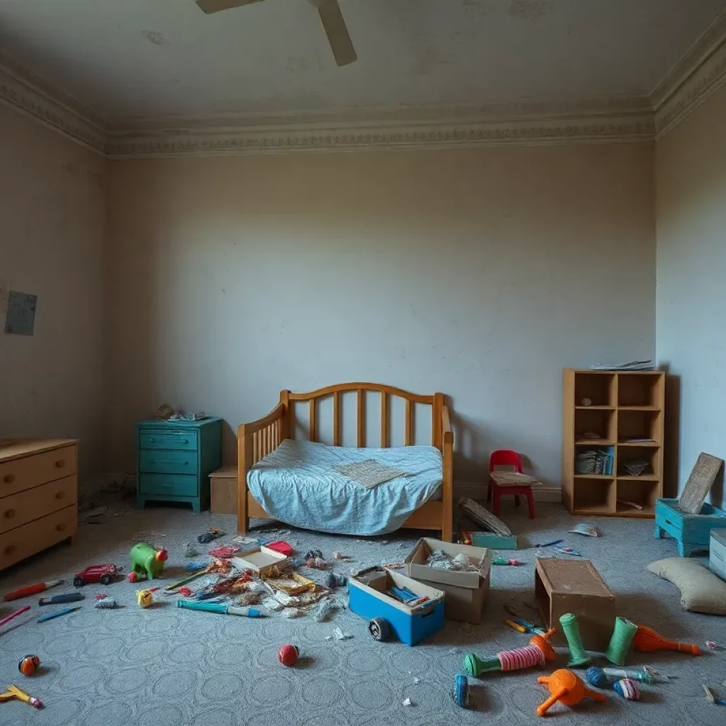 An empty and neglected children's bedroom