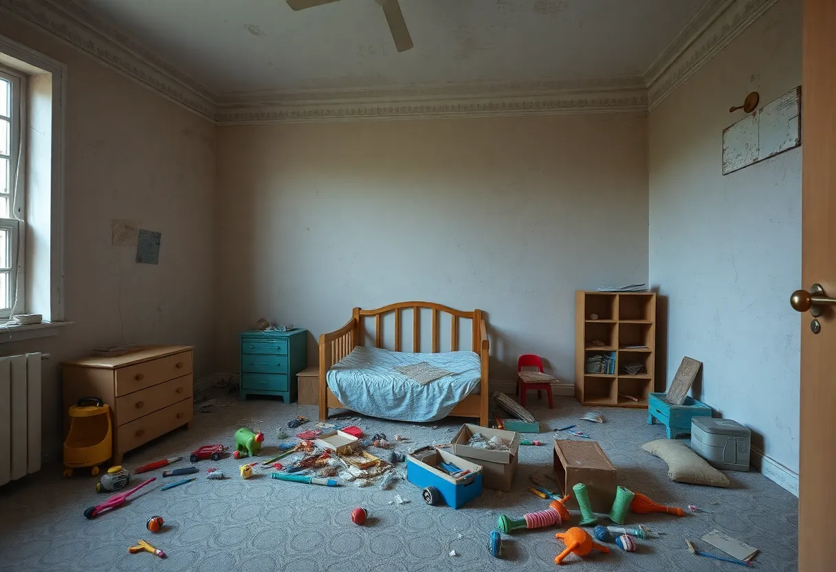 An empty and neglected children's bedroom
