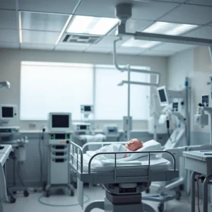 A neonatal intensive care unit with a focus on a crib for a premature baby.