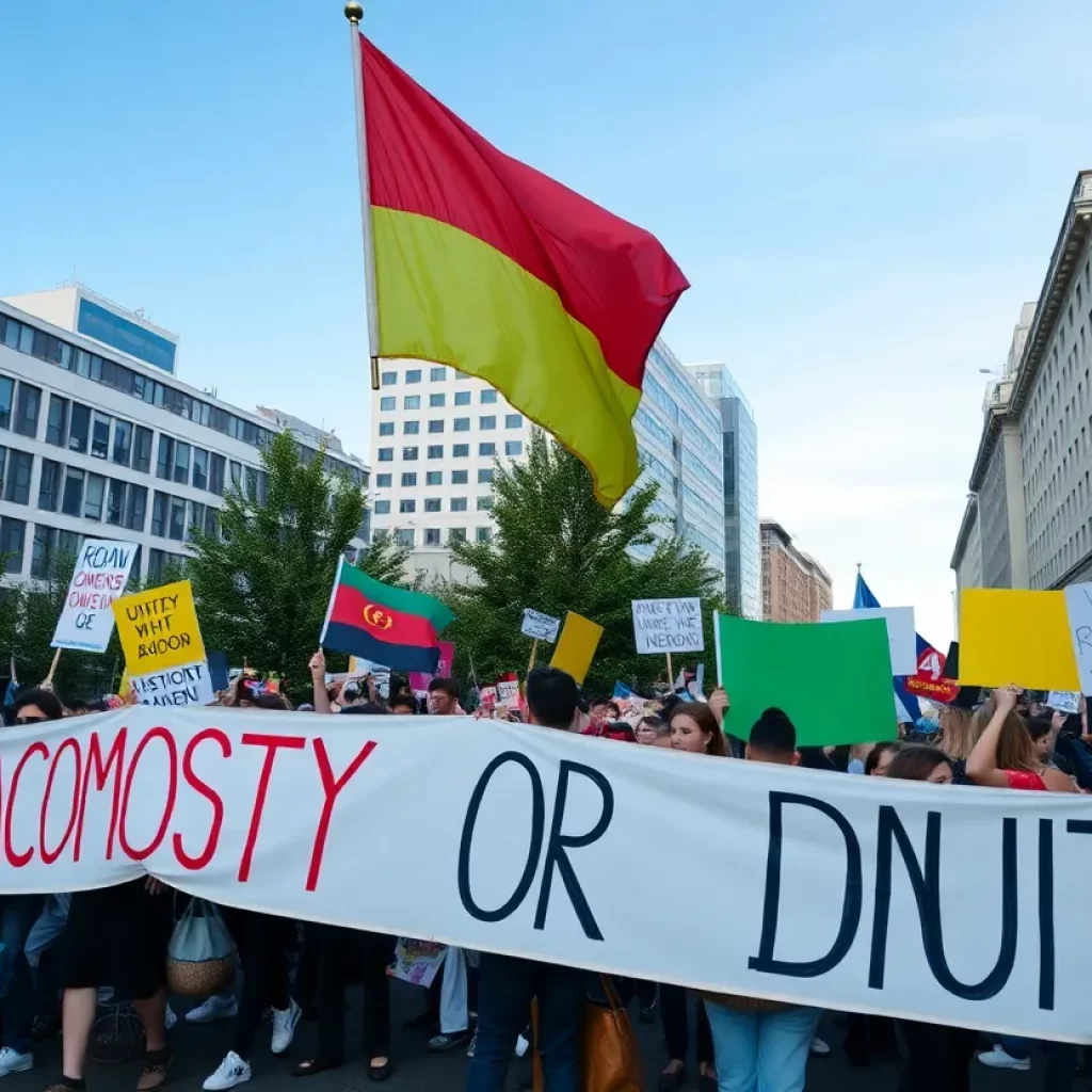 Protesters at No Kings Day event in Atlanta holding signs