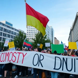 Protesters at No Kings Day event in Atlanta holding signs