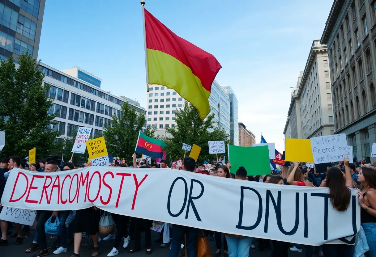Protesters at No Kings Day event in Atlanta holding signs
