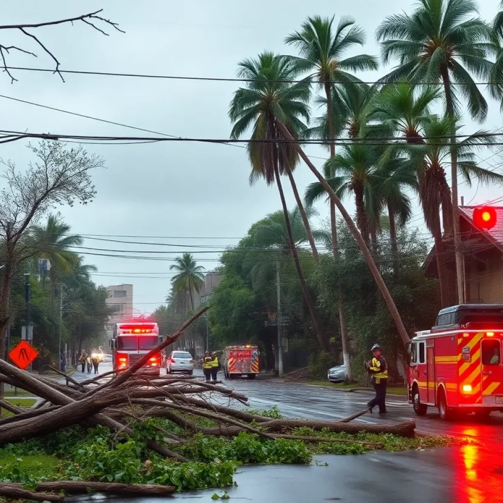 Damage caused by severe storms in North Georgia with fallen trees and emergency response teams.