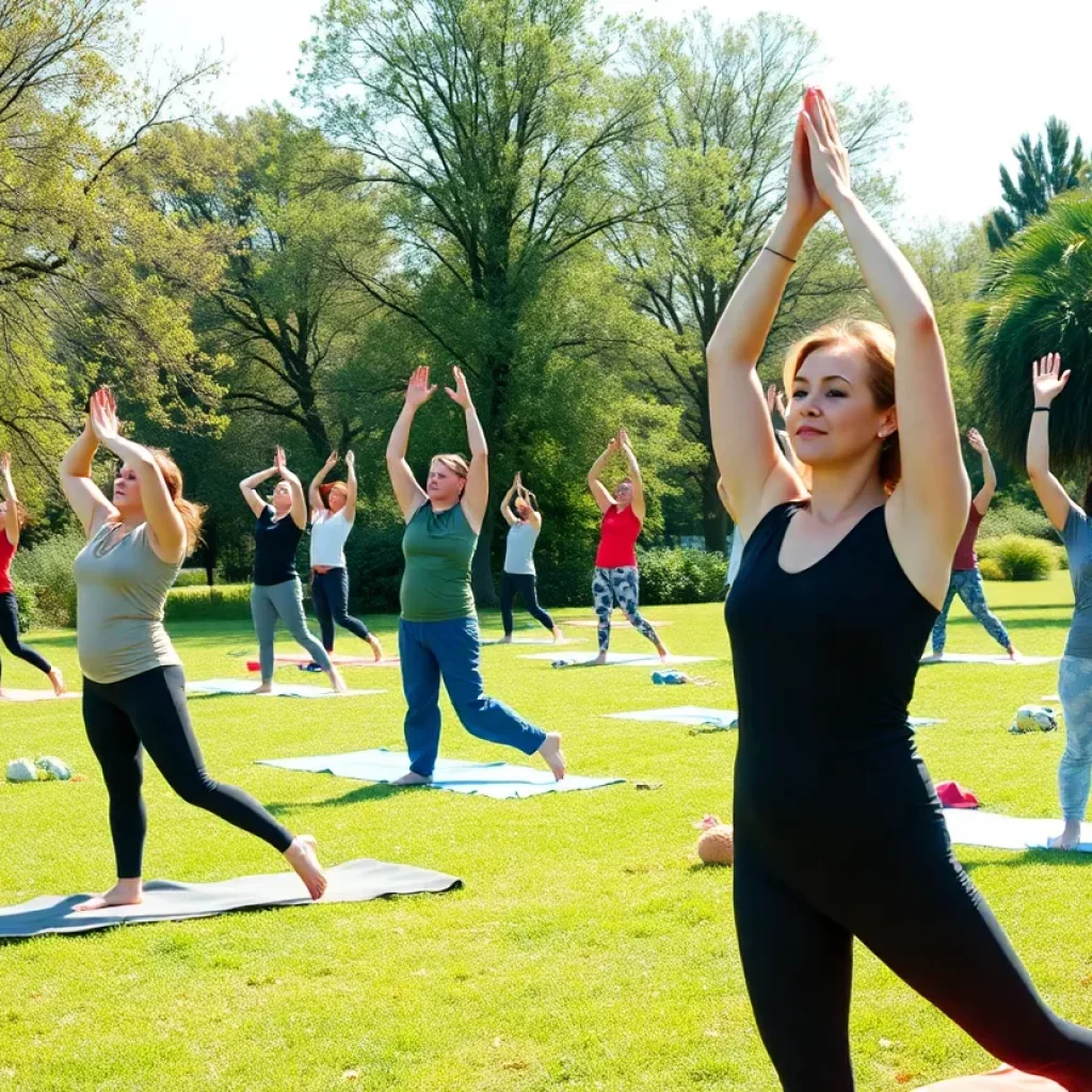 Participants practicing yoga outdoors in Highline Park, Atlanta