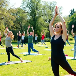 Participants practicing yoga outdoors in Highline Park, Atlanta