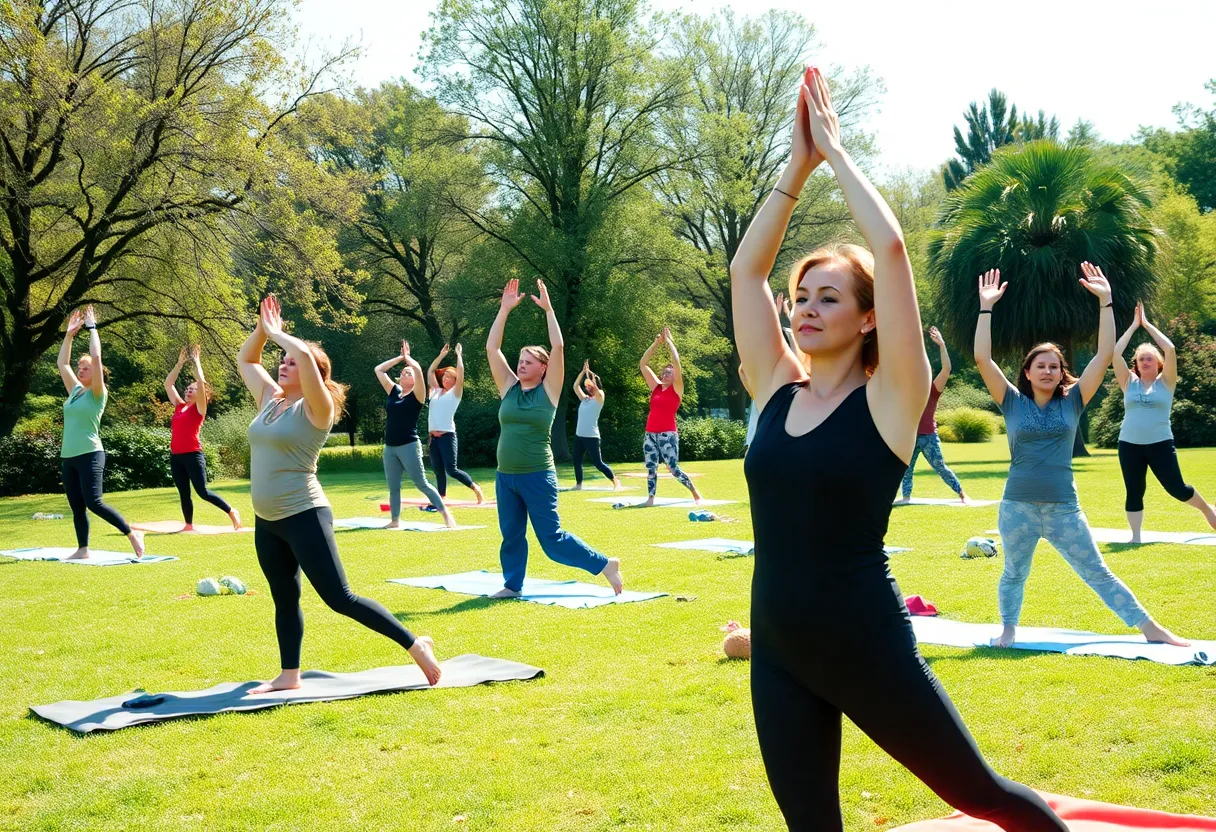 Participants practicing yoga outdoors in Highline Park, Atlanta