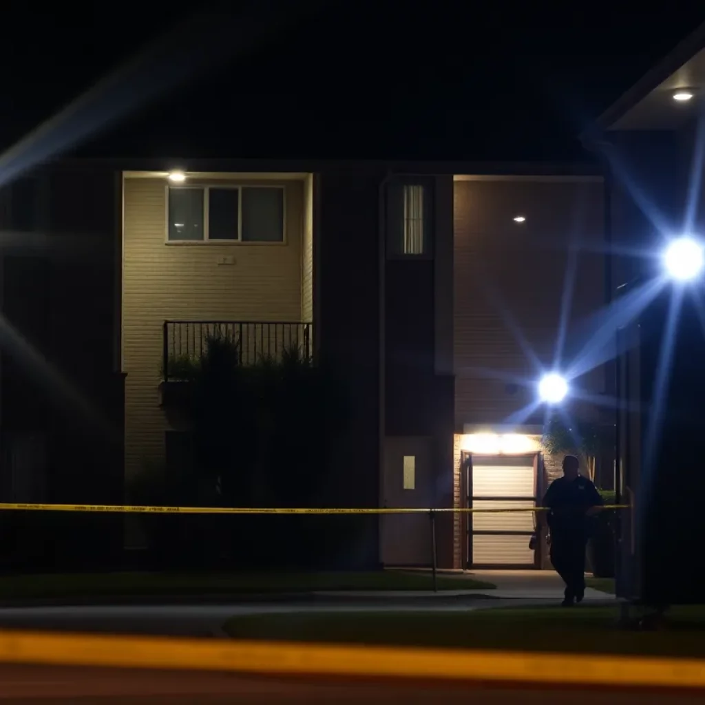 Police lights illuminating an apartment complex at night