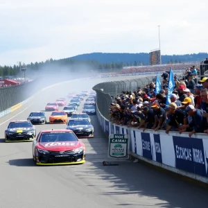 NASCAR cars racing at EchoPark Speedway during the Quaker State 400 event
