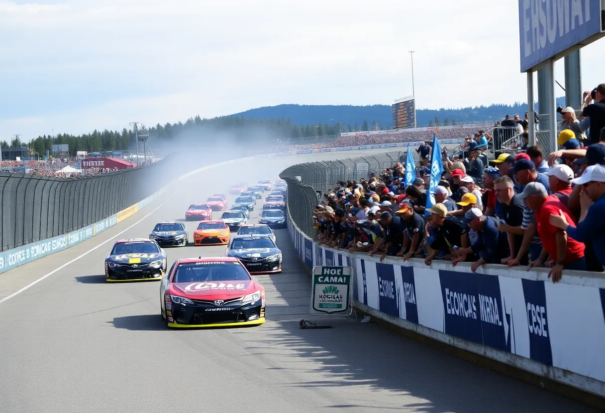 NASCAR cars racing at EchoPark Speedway during the Quaker State 400 event