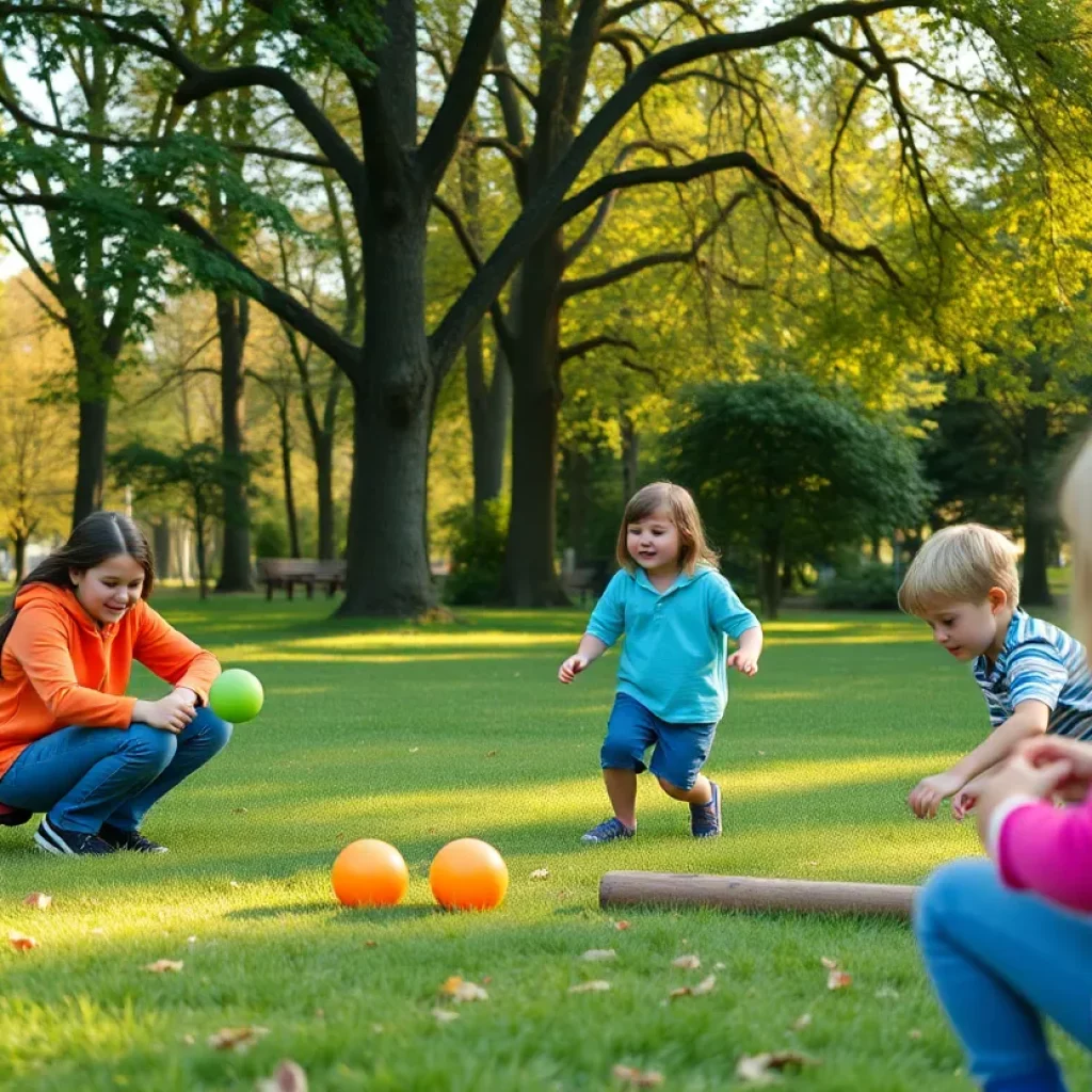 A serene outdoor park setting with families enjoying nature