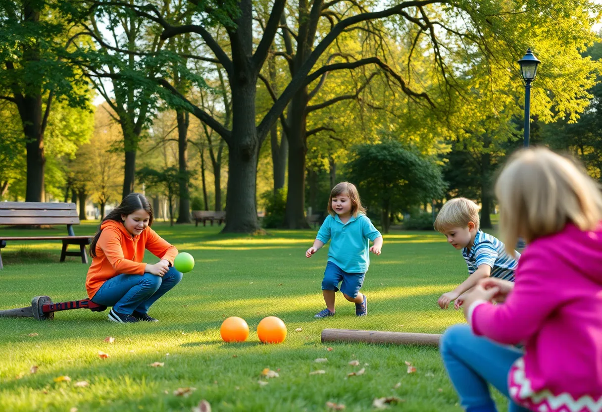 A serene outdoor park setting with families enjoying nature