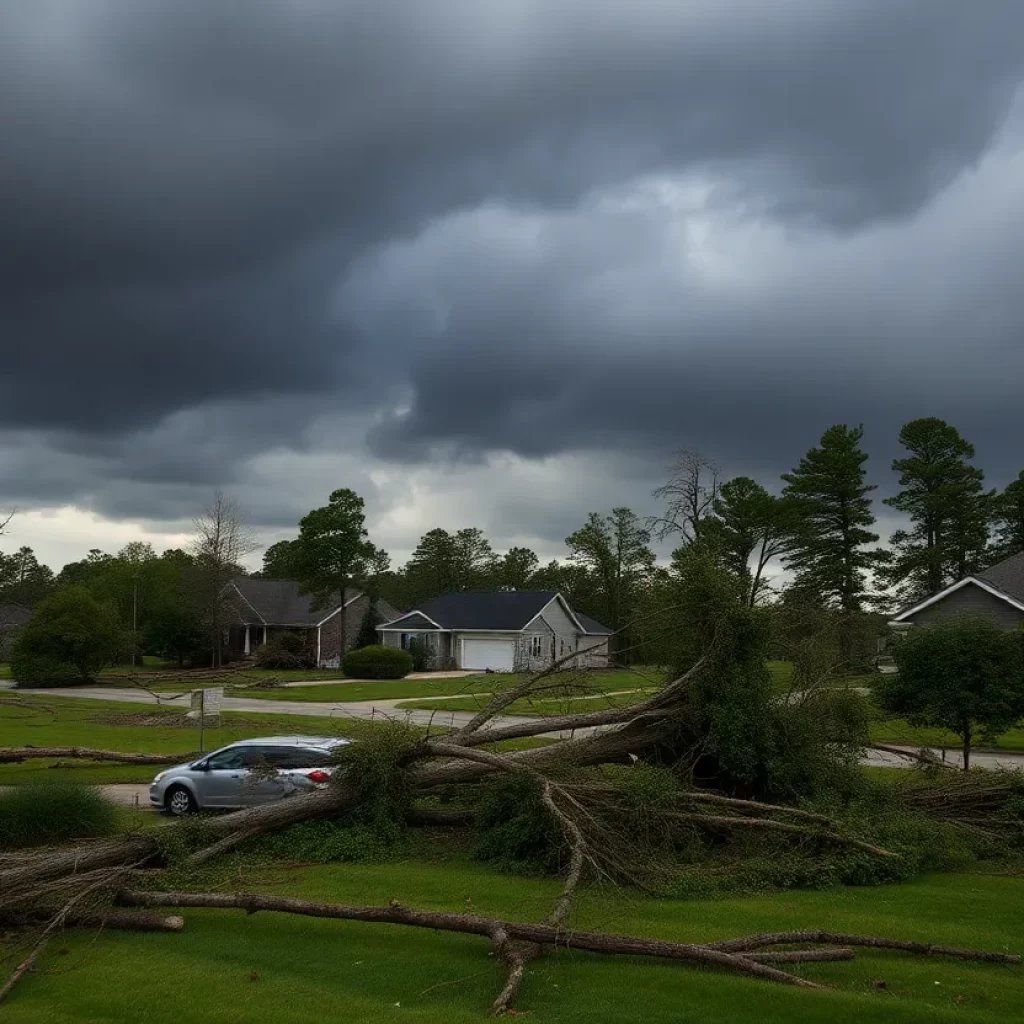 Damage caused by severe storms in Georgia, showing fallen trees and power lines.