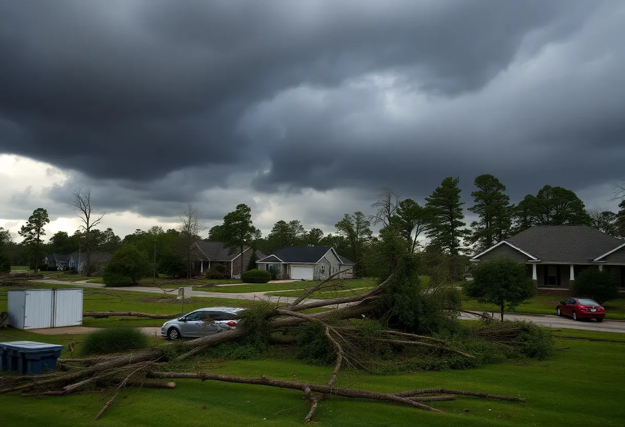 Damage caused by severe storms in Georgia, showing fallen trees and power lines.