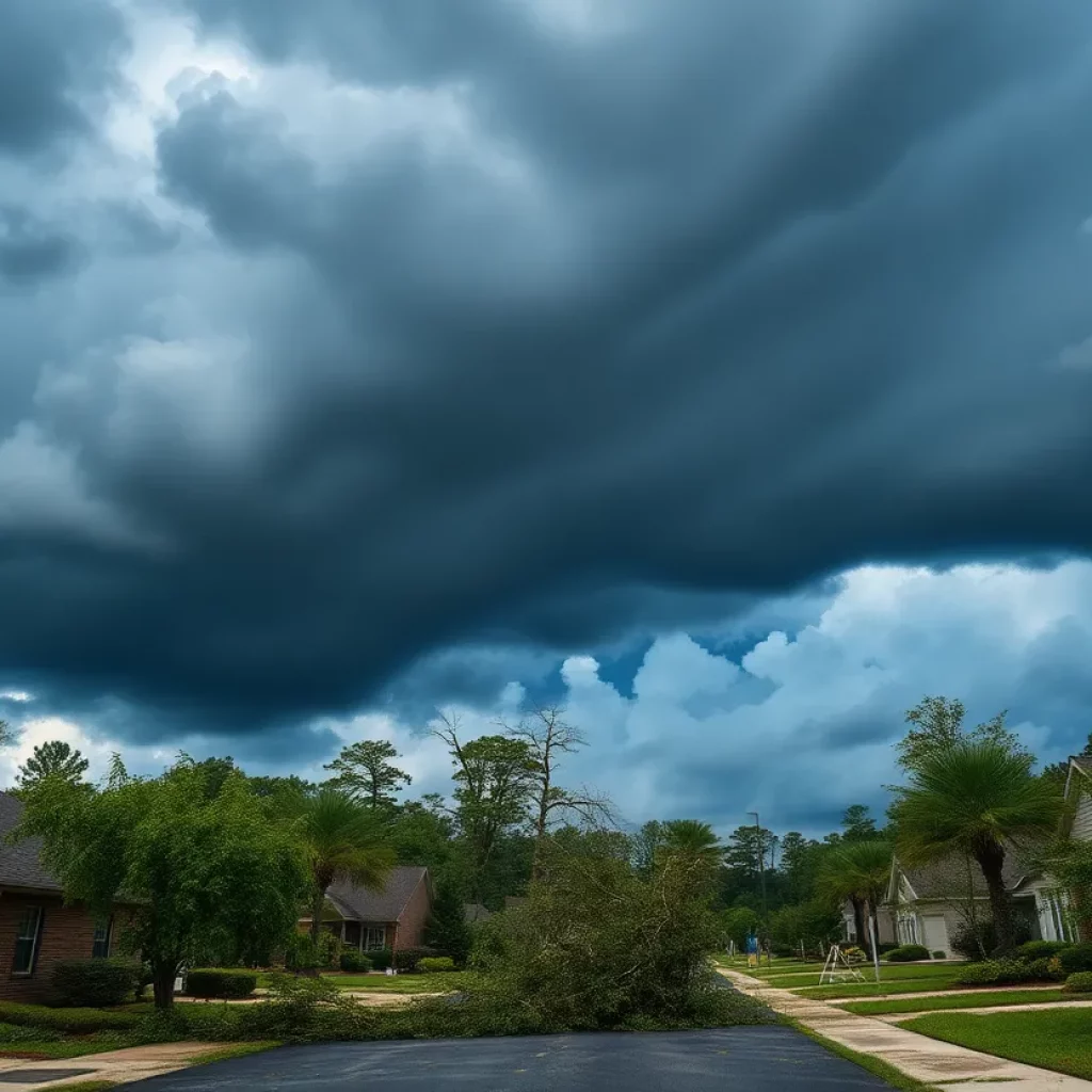 Dark storm clouds over a neighborhood in northern Georgia with fallen trees