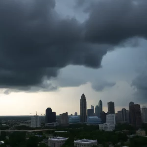 Severe thunderstorms over the Atlanta skyline causing flooding