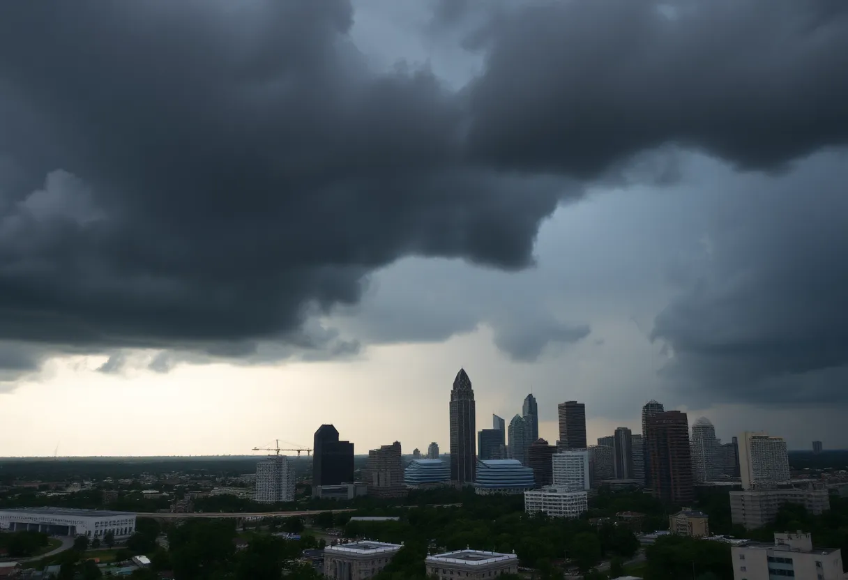 Severe thunderstorms over the Atlanta skyline causing flooding