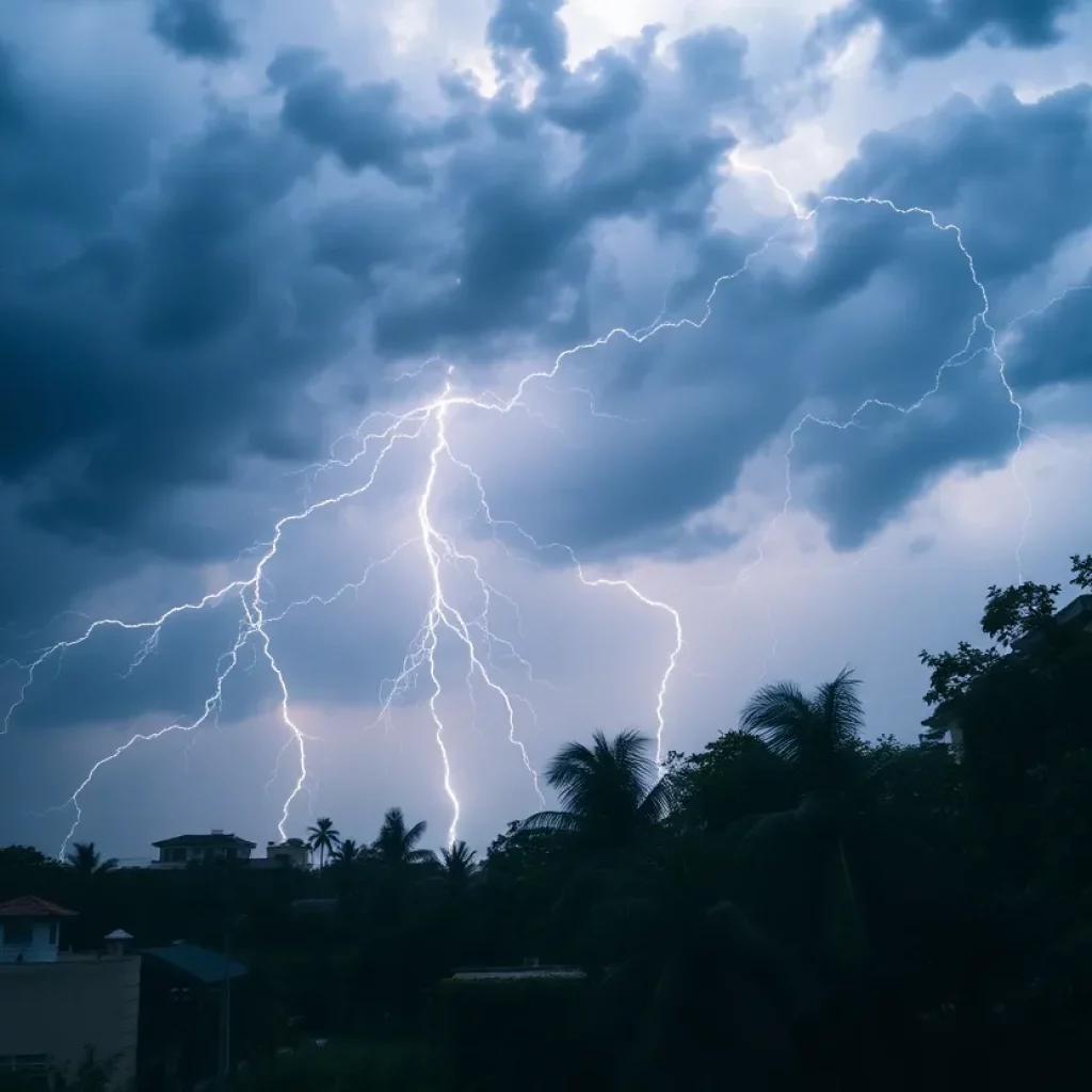 Dark storm clouds over a city indicating severe weather conditions