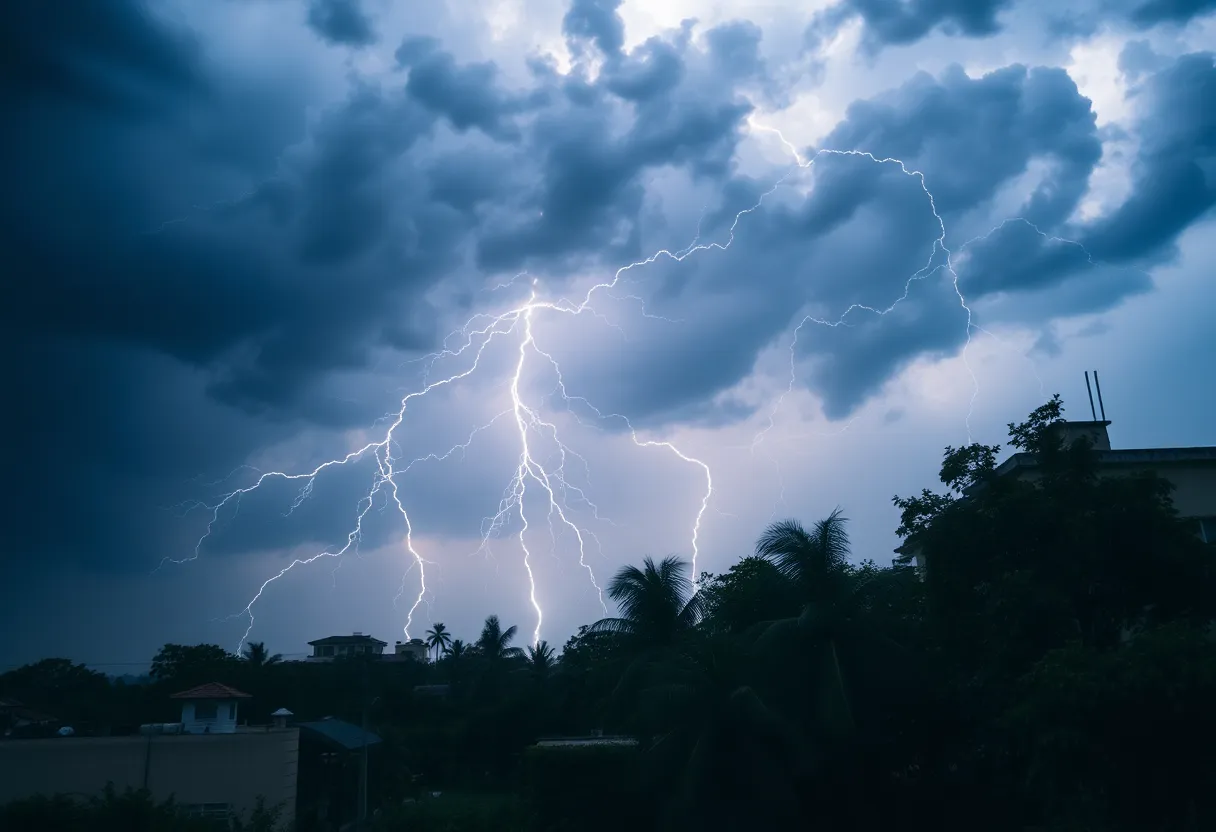 Dark storm clouds over a city indicating severe weather conditions