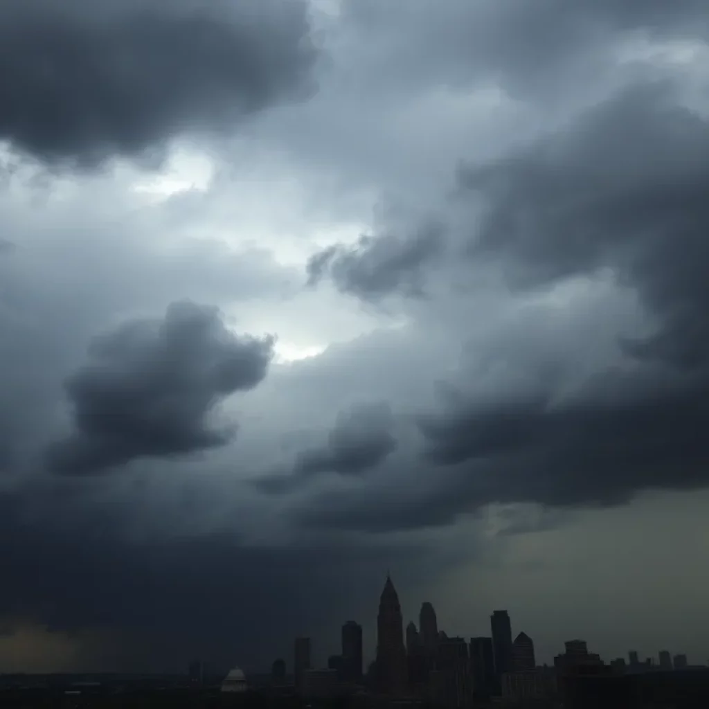 Storm clouds over Atlanta skyline