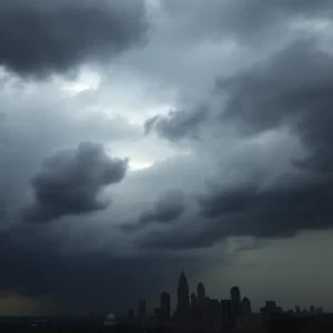 Storm clouds over Atlanta skyline