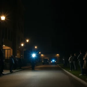 Police lights illuminating a dark street near a university campus