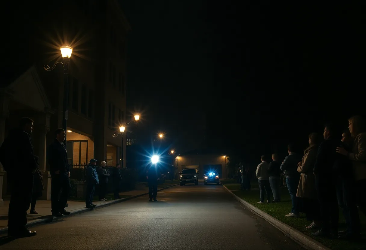 Police lights illuminating a dark street near a university campus