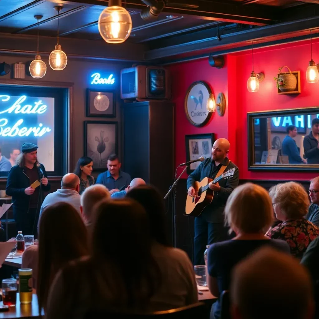Performers at an open mic night showcasing poetry and music