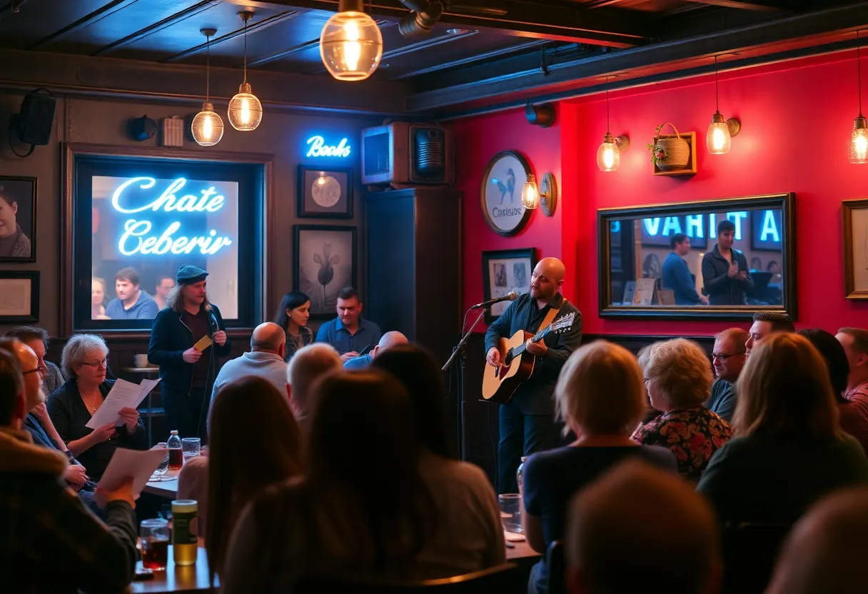Performers at an open mic night showcasing poetry and music