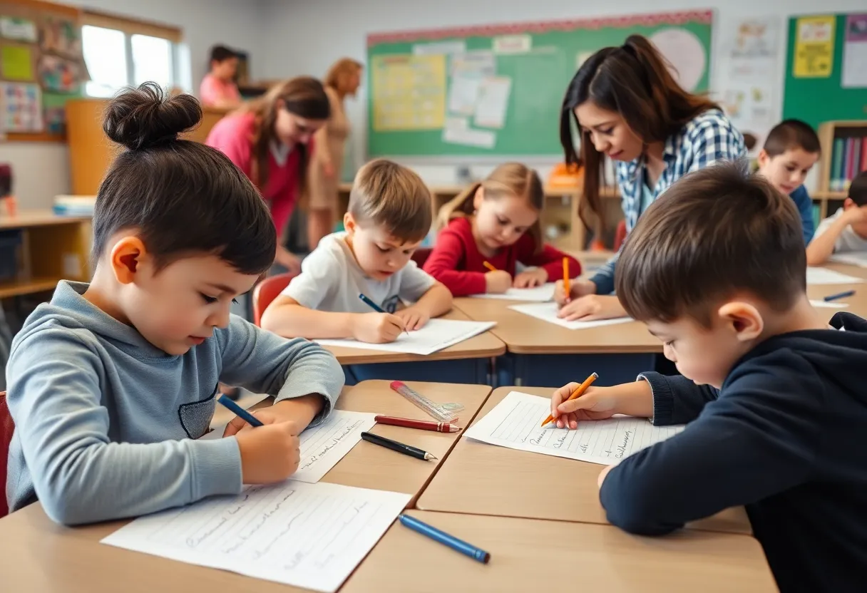 Children in a classroom practicing cursive writing