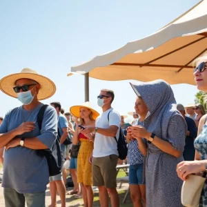 Individuals practicing sun safety with sunscreen and protective clothing