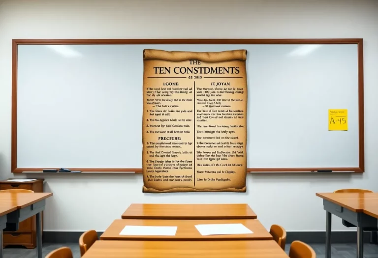A framed poster of the Ten Commandments on a classroom wall