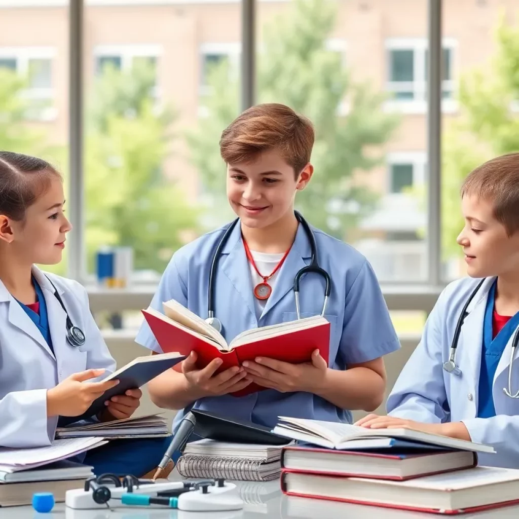 Three triplets studying in a medical school environment.