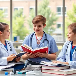 Three triplets studying in a medical school environment.