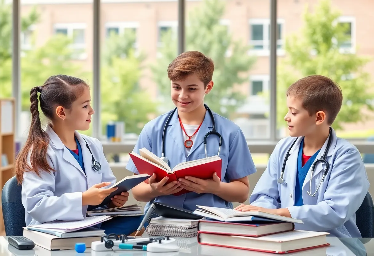 Three triplets studying in a medical school environment.