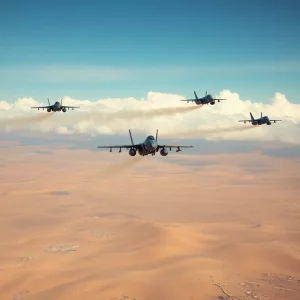 U.S. military jets flying over a desert landscape during a military operation.