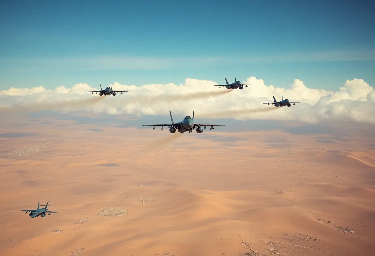 U.S. military jets flying over a desert landscape during a military operation.