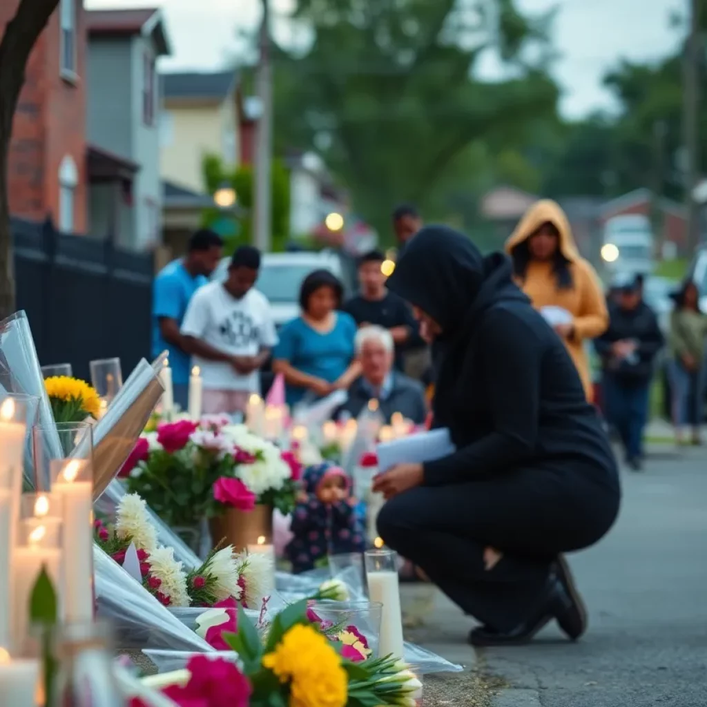 A memorial scene with candles and flowers for victims of gun violence in Atlanta.