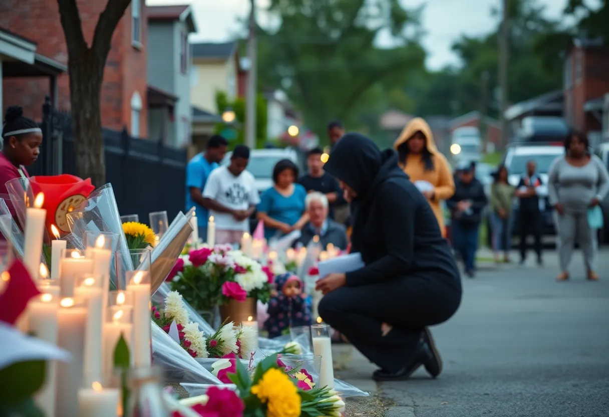 A memorial scene with candles and flowers for victims of gun violence in Atlanta.