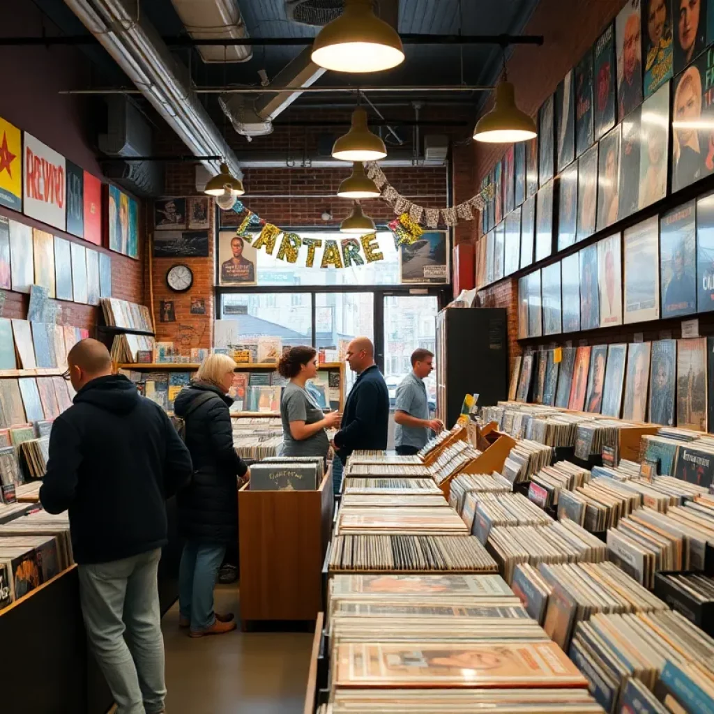 Customers browsing through vinyl records in a store