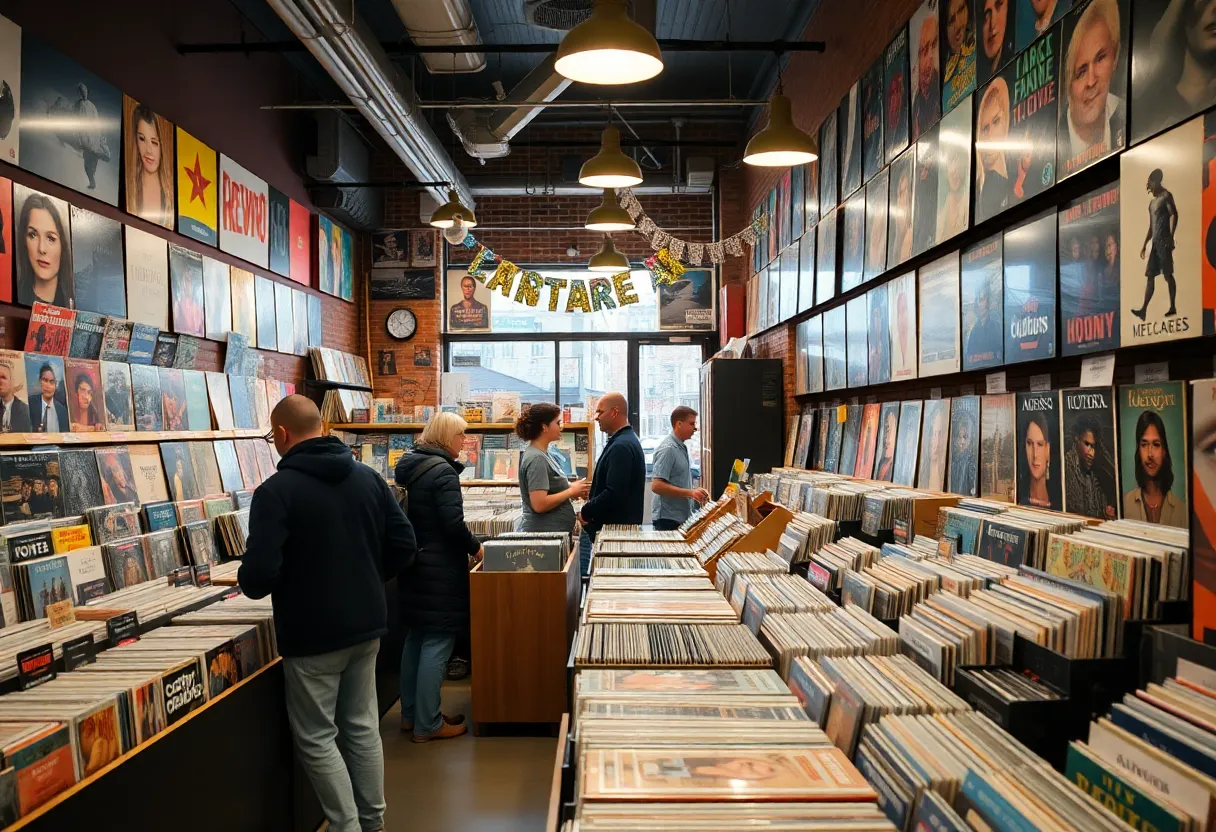 Customers browsing through vinyl records in a store